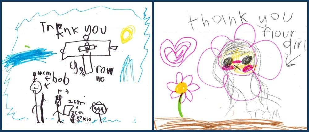 Artwork by two young children showing thanks Artwork by two young children showing thanks